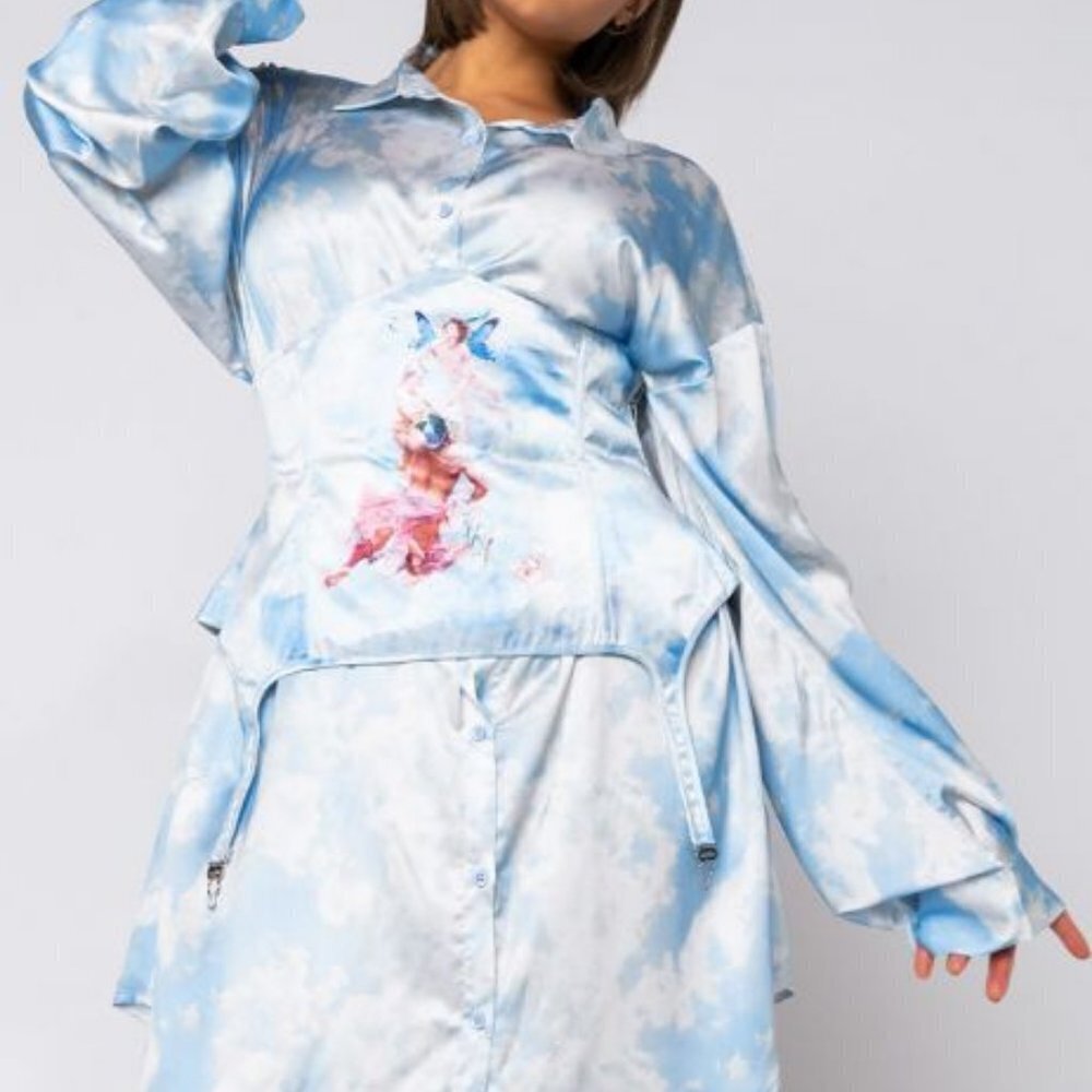 PLUS TRAPEZE BABY BLUE CORSET BUTTON UP MINI DRESS ( BRAND NEW !)